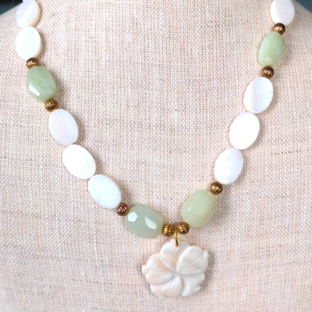 New Mother of pearl & Gem Necklace. Hand Carved flower Celadon green, gold